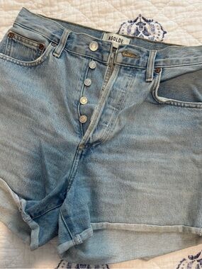 Agolde Light Blue High Rise 25 Button-Fly Denim Shorts